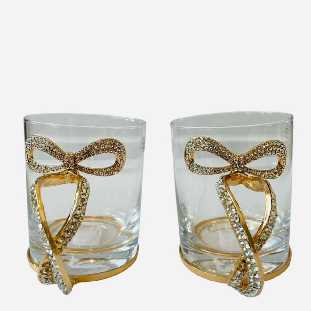 Elegant Gold and Rhinestones Bow Handle Glass Cups Set of 4 NWT